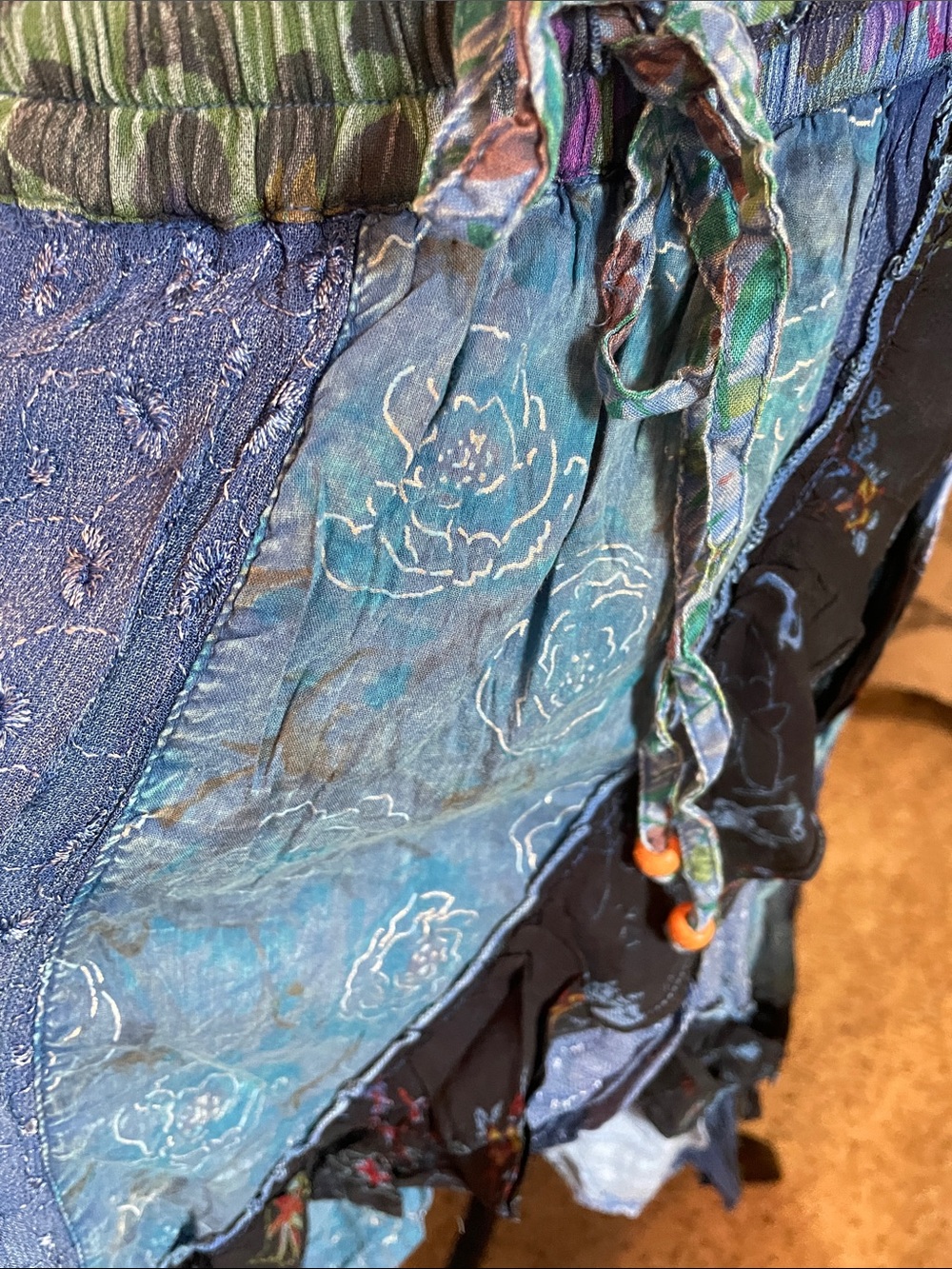 Boho Blue Patchwork Midi Skirt with Drawstring Waist Young Threads XL - Picture 13 of 16